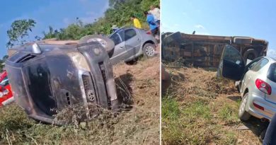 Vídeo – Carro colide em traseira de caminhonete e causa capotamento na Curuá-Una